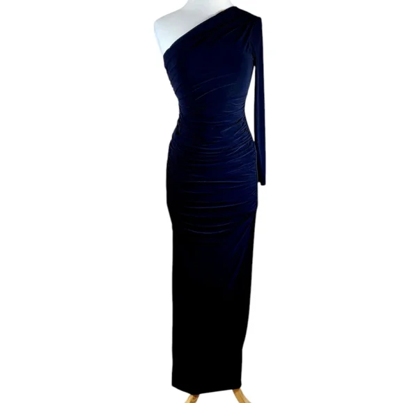 NWT CLUB L London DOLL Maxi Dress One Shoulder Ruched Split Hem Stretch Jersey 8 - Picture 6 of 16